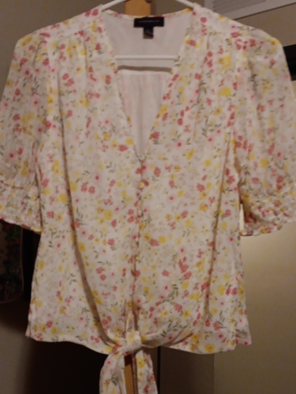 Floral Tie-Front Women's Blouse - White with Pink & Yellow